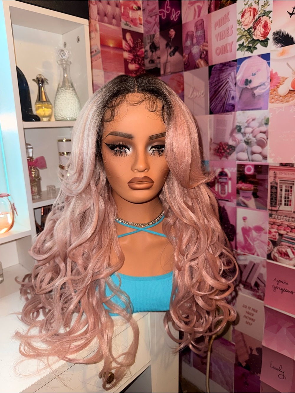 Long Dusty Rose Pink Layered Curly Lace Front Wig